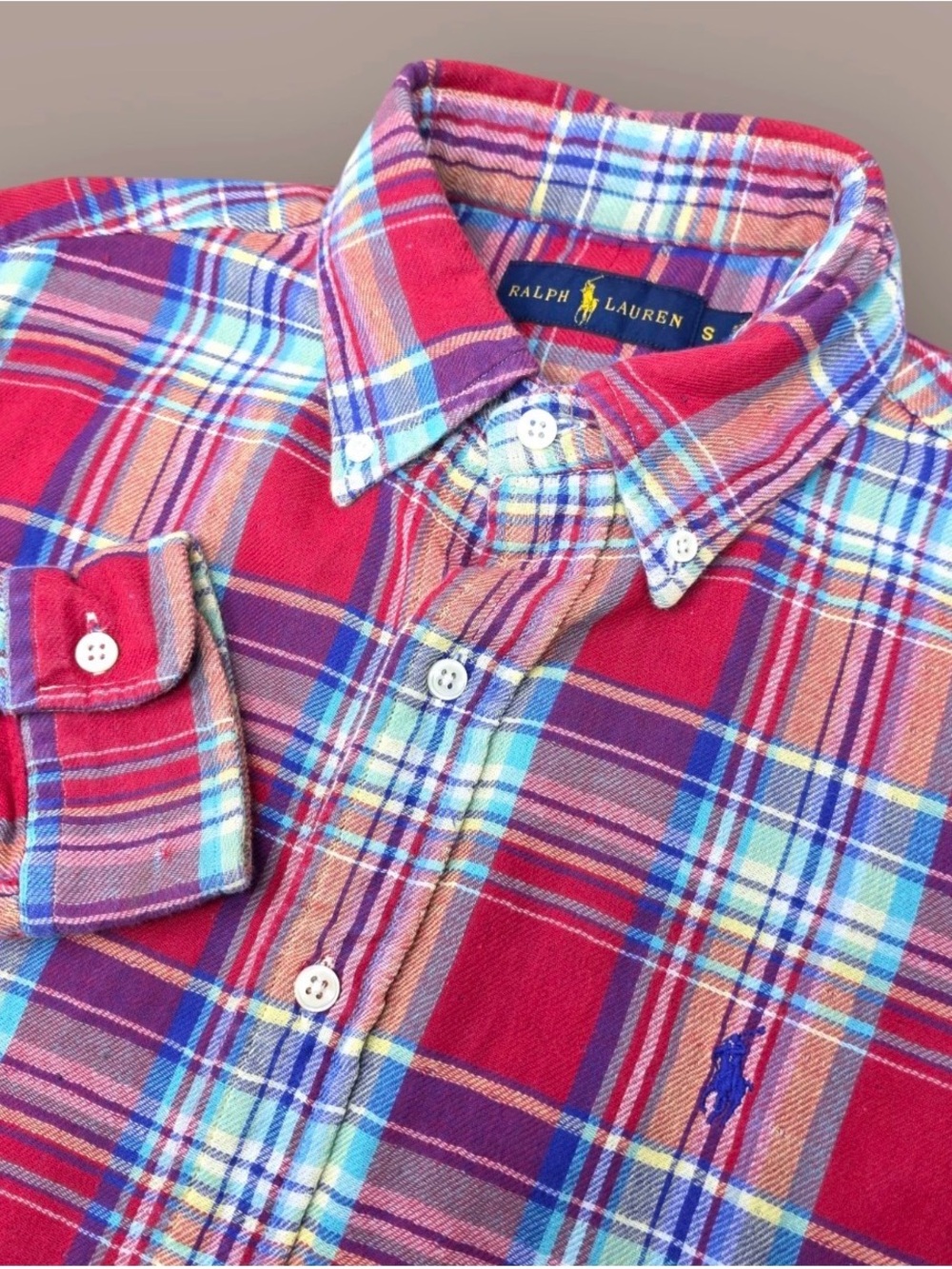 Ralph Lauren Red Plaid Button-Down Shirt with Blue Logo, sz M, guc